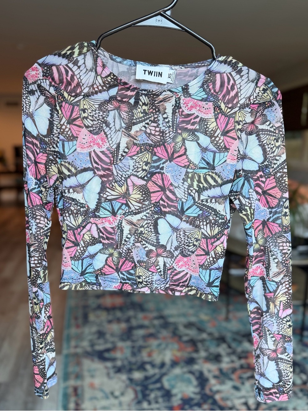 Twiin Women's Long Sleeve Butterfly Print Mesh Top - Pastel Multicolor
